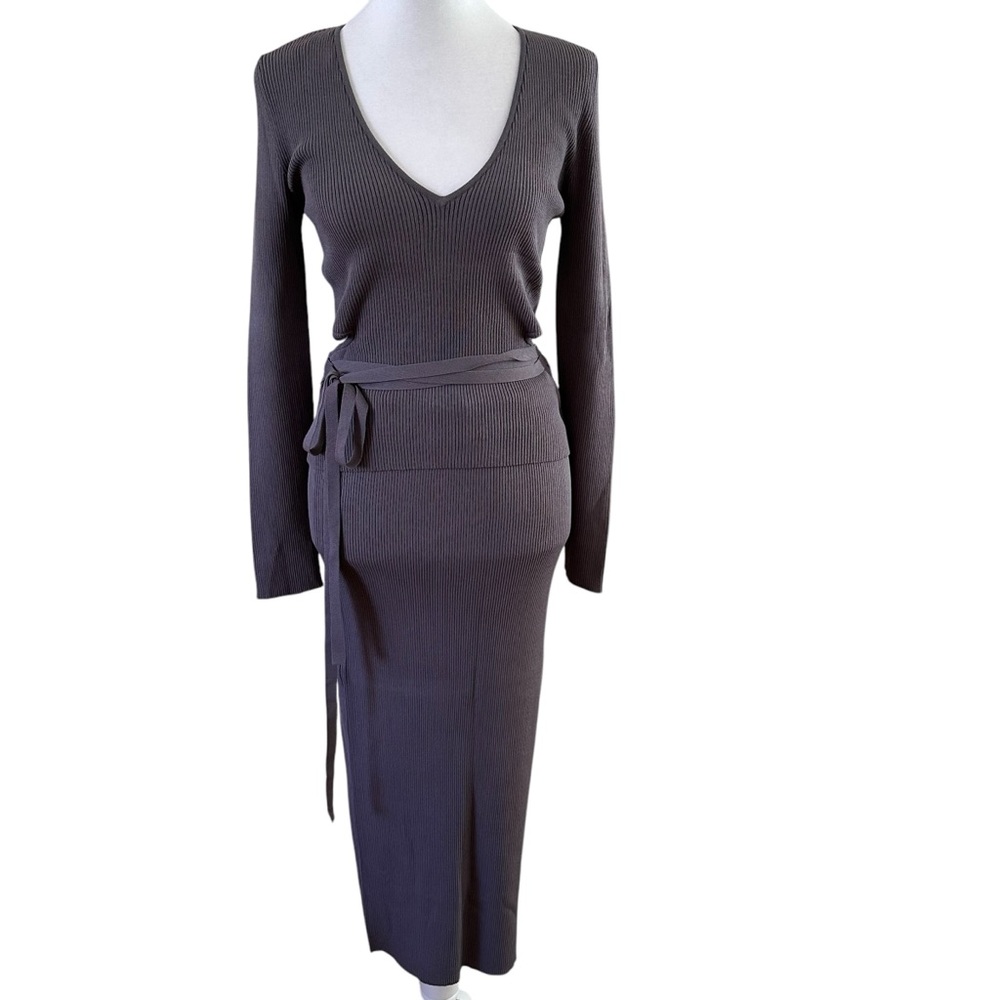 Zara Gray Ribbed Knit 2 Piece Skirt & Top Set With Side Opening & Tie Size NWOT - Picture 10 of 10